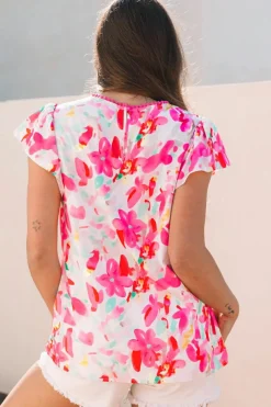 Fashion Dear-Lover Floral Print Flutter Sleeve Round Neck Casual Blouse Rose