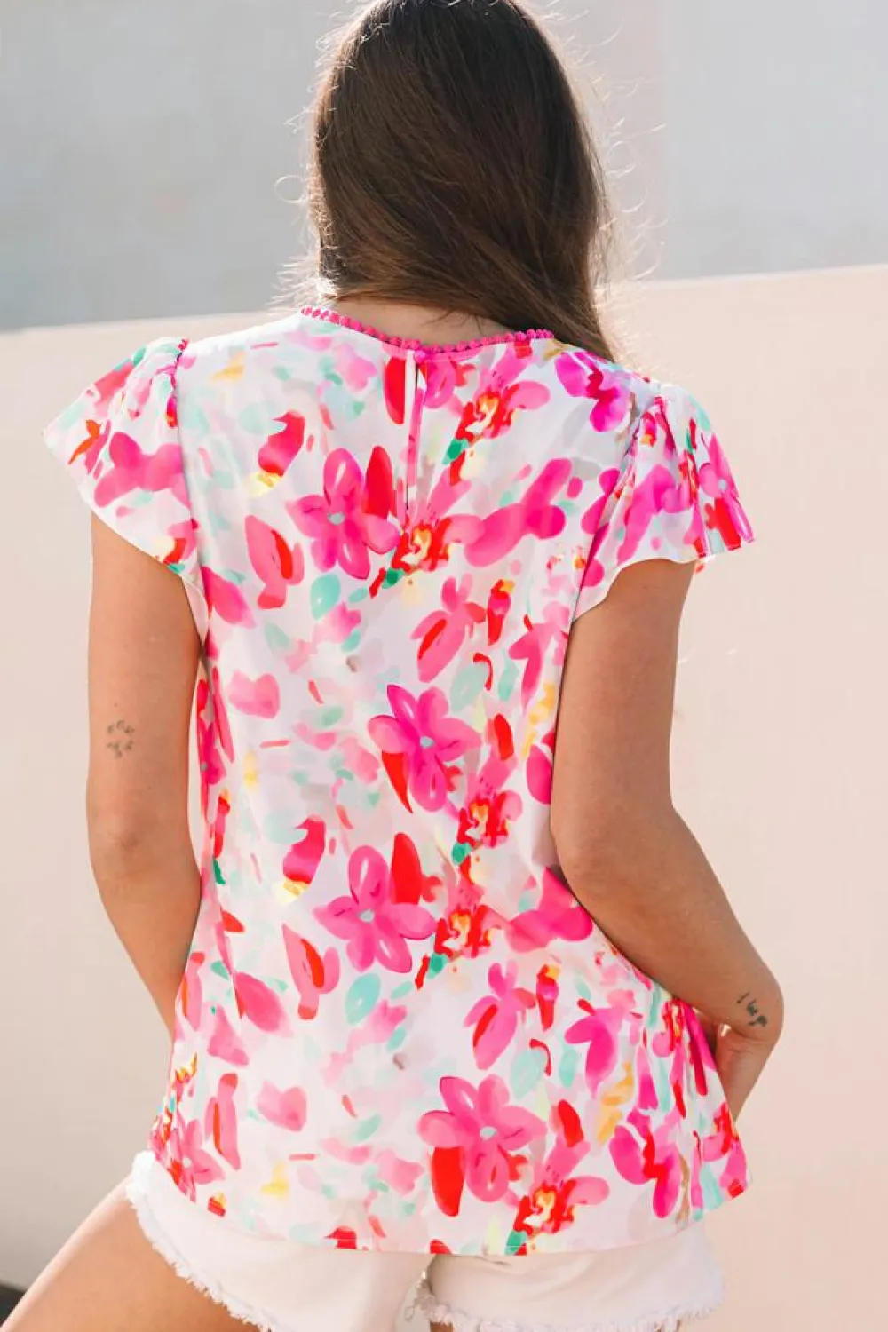 Fashion Dear-Lover Floral Print Flutter Sleeve Round Neck Casual Blouse Rose