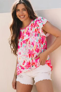 Fashion Dear-Lover Floral Print Flutter Sleeve Round Neck Casual Blouse Rose
