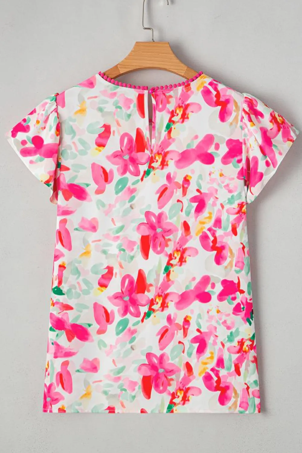 Fashion Dear-Lover Floral Print Flutter Sleeve Round Neck Casual Blouse Rose