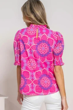 Hot Dear-Lover Floral Print Frilled Neck Smocked Puff Sleeve Blouse Rose