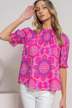 Hot Dear-Lover Floral Print Frilled Neck Smocked Puff Sleeve Blouse Rose