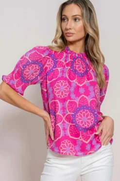 Hot Dear-Lover Floral Print Frilled Neck Smocked Puff Sleeve Blouse Rose