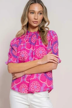 Hot Dear-Lover Floral Print Frilled Neck Smocked Puff Sleeve Blouse Rose