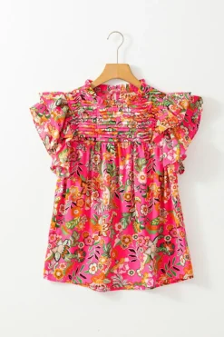 Clearance Dear-Lover Floral Print Pleated Ruffled Sleeve Summer Blouse Rose