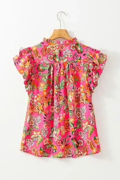 Clearance Dear-Lover Floral Print Pleated Ruffled Sleeve Summer Blouse Rose
