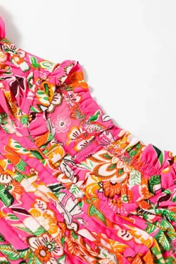Clearance Dear-Lover Floral Print Pleated Ruffled Sleeve Summer Blouse Rose