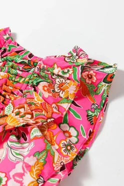 Clearance Dear-Lover Floral Print Pleated Ruffled Sleeve Summer Blouse Rose
