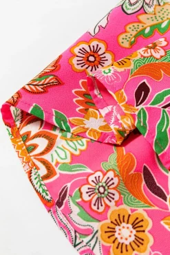 Clearance Dear-Lover Floral Print Pleated Ruffled Sleeve Summer Blouse Rose