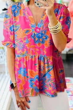 Best Dear-Lover Floral Print Puff Sleeve V Neck Blouse Rose