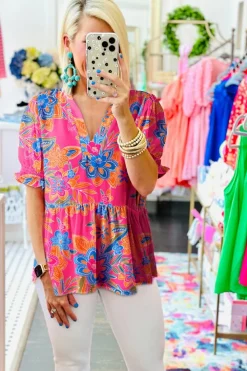 Best Dear-Lover Floral Print Puff Sleeve V Neck Blouse Rose