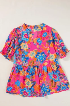 Best Dear-Lover Floral Print Puff Sleeve V Neck Blouse Rose