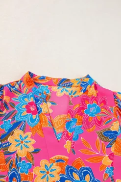 Best Dear-Lover Floral Print Puff Sleeve V Neck Blouse Rose