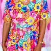 Discount Dear-Lover Floral Print Short Sleeve Pleated Babydoll Top Rose