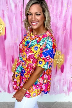 Discount Dear-Lover Floral Print Short Sleeve Pleated Babydoll Top Rose
