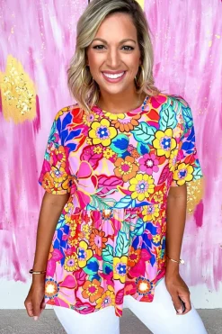 Discount Dear-Lover Floral Print Short Sleeve Pleated Babydoll Top Rose