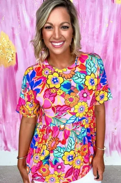 Discount Dear-Lover Floral Print Short Sleeve Pleated Babydoll Top Rose