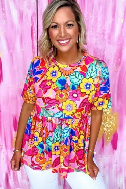 Discount Dear-Lover Floral Print Short Sleeve Pleated Babydoll Top Rose