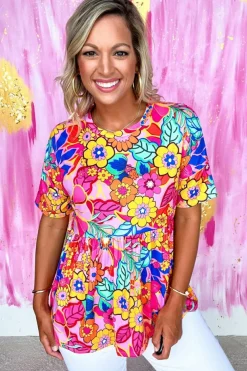 Discount Dear-Lover Floral Print Short Sleeve Pleated Babydoll Top Rose