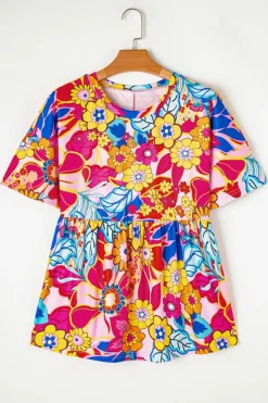Discount Dear-Lover Floral Print Short Sleeve Pleated Babydoll Top Rose