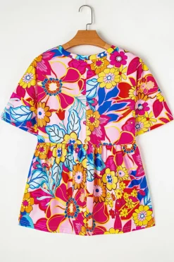 Discount Dear-Lover Floral Print Short Sleeve Pleated Babydoll Top Rose