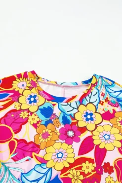Discount Dear-Lover Floral Print Short Sleeve Pleated Babydoll Top Rose