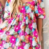 Sale Dear-Lover Floral Print Square Neck Short Puff Sleeve Dress Rose