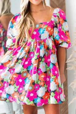 Sale Dear-Lover Floral Print Square Neck Short Puff Sleeve Dress Rose