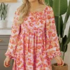 Fashion Dear-Lover Floral Print Square Neck High Waist Mini Dress Rose