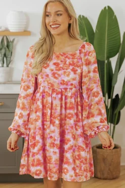 Fashion Dear-Lover Floral Print Square Neck High Waist Mini Dress Rose
