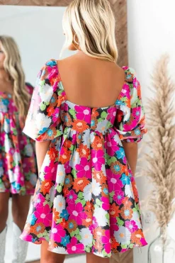 Sale Dear-Lover Floral Print Square Neck Short Puff Sleeve Dress Rose