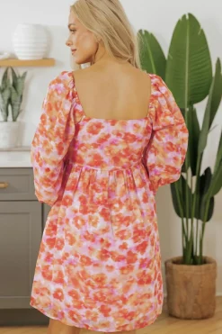 Fashion Dear-Lover Floral Print Square Neck High Waist Mini Dress Rose