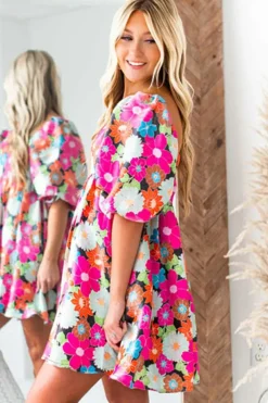 Sale Dear-Lover Floral Print Square Neck Short Puff Sleeve Dress Rose