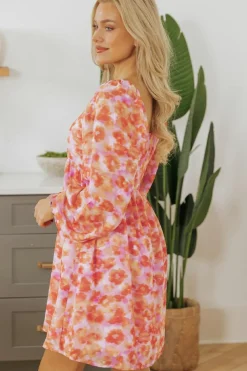 Fashion Dear-Lover Floral Print Square Neck High Waist Mini Dress Rose