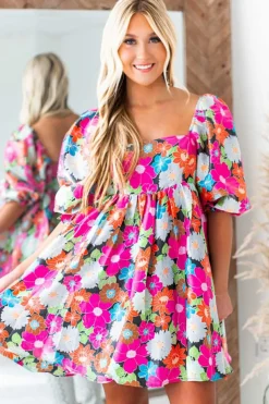 Sale Dear-Lover Floral Print Square Neck Short Puff Sleeve Dress Rose