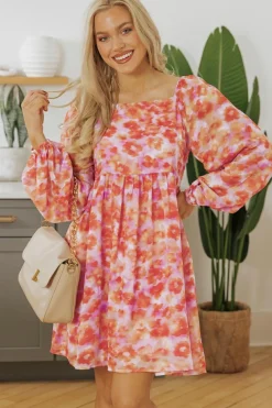 Fashion Dear-Lover Floral Print Square Neck High Waist Mini Dress Rose