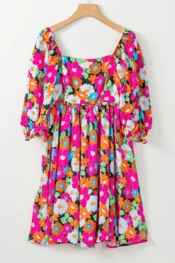 Sale Dear-Lover Floral Print Square Neck Short Puff Sleeve Dress Rose