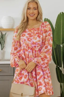Fashion Dear-Lover Floral Print Square Neck High Waist Mini Dress Rose