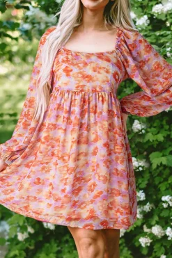 Fashion Dear-Lover Floral Print Square Neck High Waist Mini Dress Rose