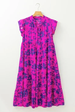 Sale Dear-Lover Floral Print Tiered Frilled Trim Flutter Sleeve Maxi Dress Rose