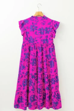 Sale Dear-Lover Floral Print Tiered Frilled Trim Flutter Sleeve Maxi Dress Rose