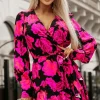 Online Dear-Lover Floral Print V Neck Wrap Bishop Sleeve Ruffle Tiered Mini Dress Rose