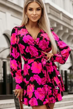 Online Dear-Lover Floral Print V Neck Wrap Bishop Sleeve Ruffle Tiered Mini Dress Rose