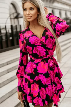 Online Dear-Lover Floral Print V Neck Wrap Bishop Sleeve Ruffle Tiered Mini Dress Rose