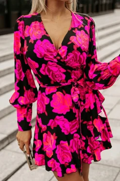 Online Dear-Lover Floral Print V Neck Wrap Bishop Sleeve Ruffle Tiered Mini Dress Rose