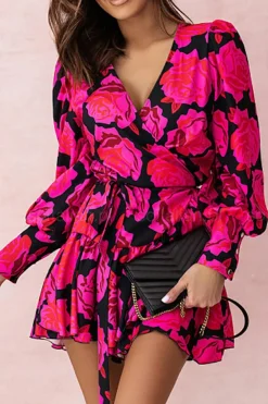 Online Dear-Lover Floral Print V Neck Wrap Bishop Sleeve Ruffle Tiered Mini Dress Rose