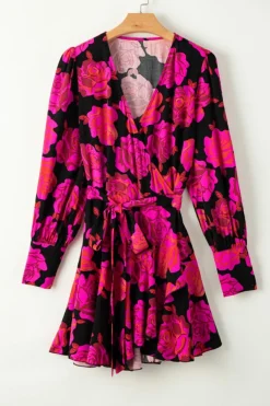 Online Dear-Lover Floral Print V Neck Wrap Bishop Sleeve Ruffle Tiered Mini Dress Rose