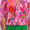 Clearance Dear-Lover Floral Printed Split V Neck Puff Sleeve Blouse Rose