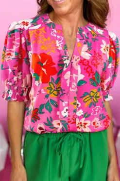 Clearance Dear-Lover Floral Printed Split V Neck Puff Sleeve Blouse Rose