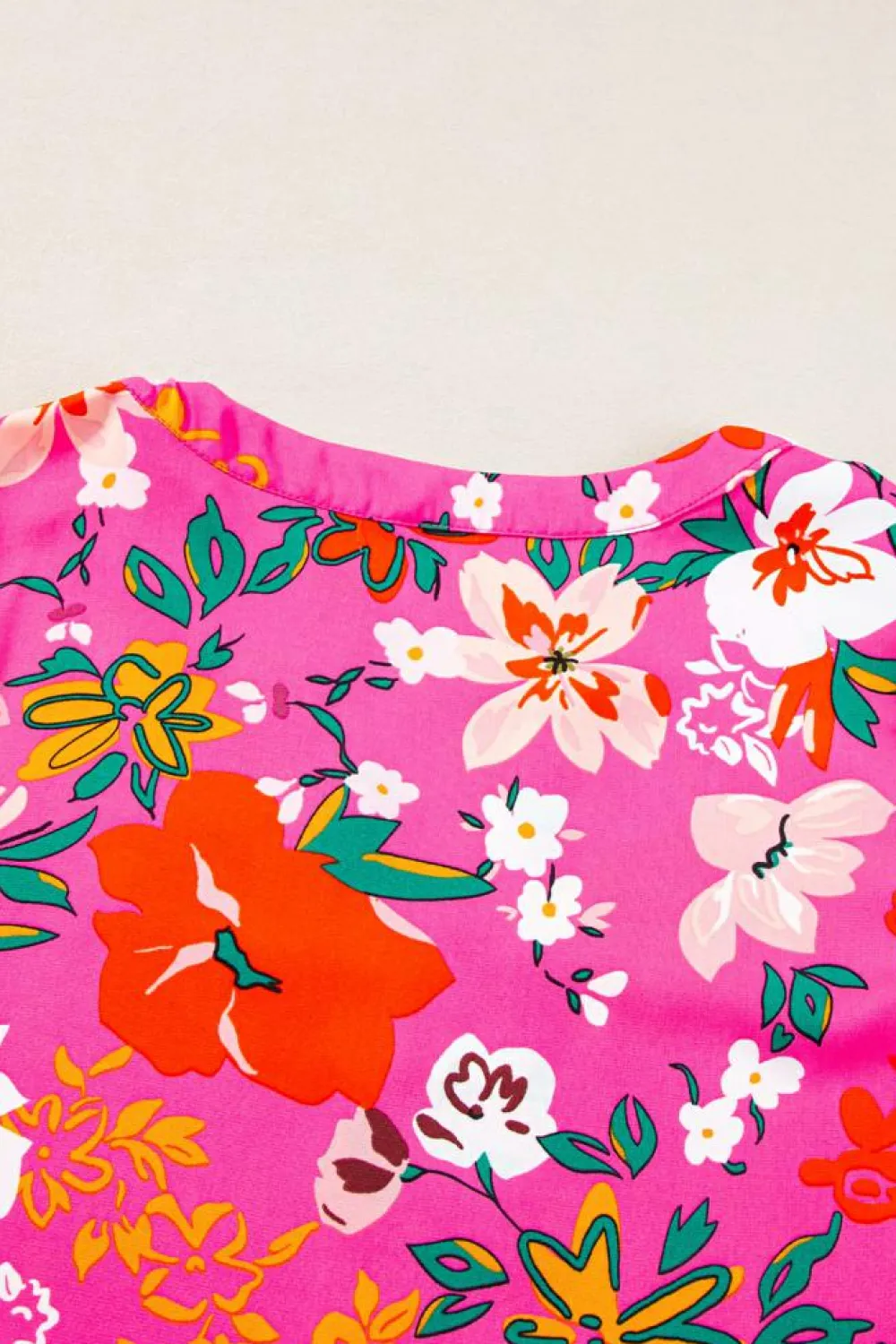 Clearance Dear-Lover Floral Printed Split V Neck Puff Sleeve Blouse Rose